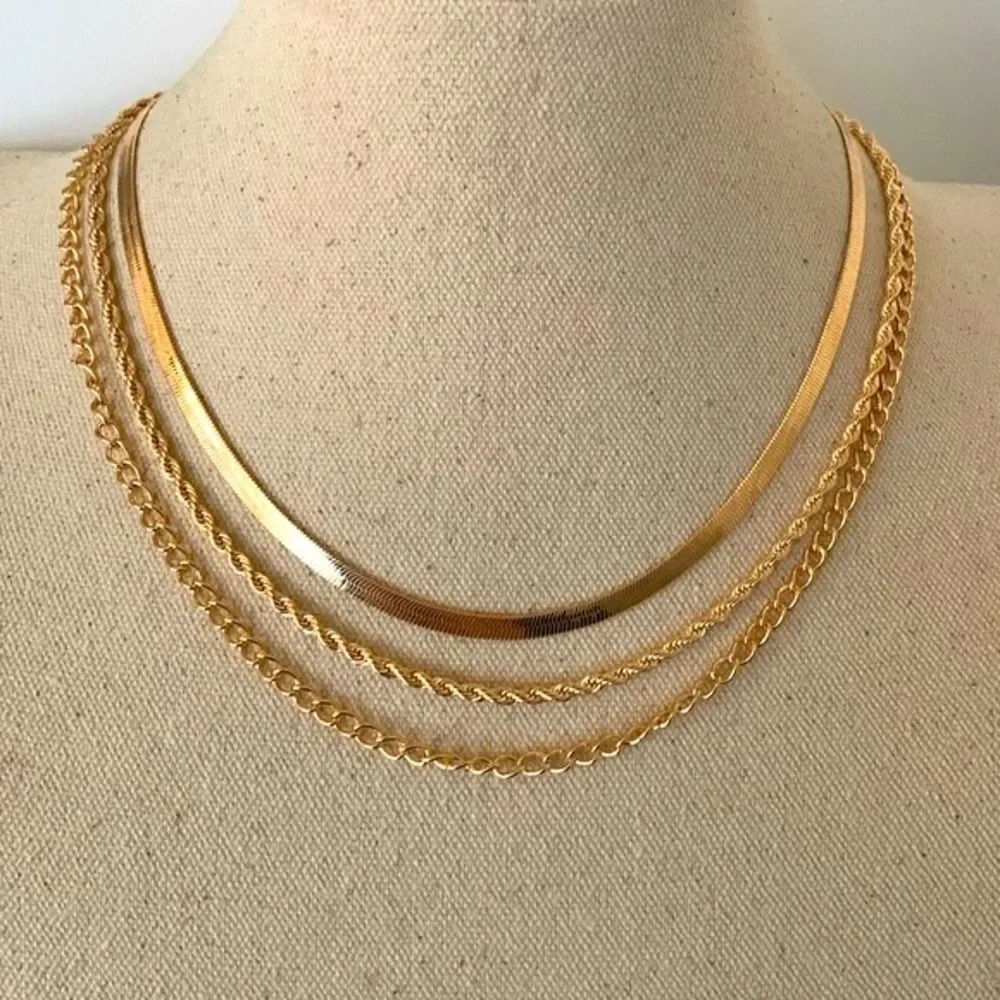 Triple Strand Gold Tone Chain Necklace, Layered Stacked